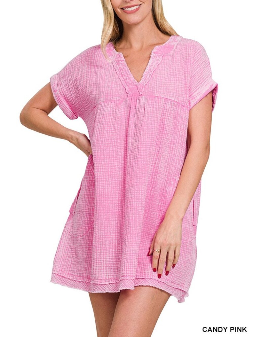 Zenana Candy Pink Washed Double Gauze Raw Edge V-neck Dress